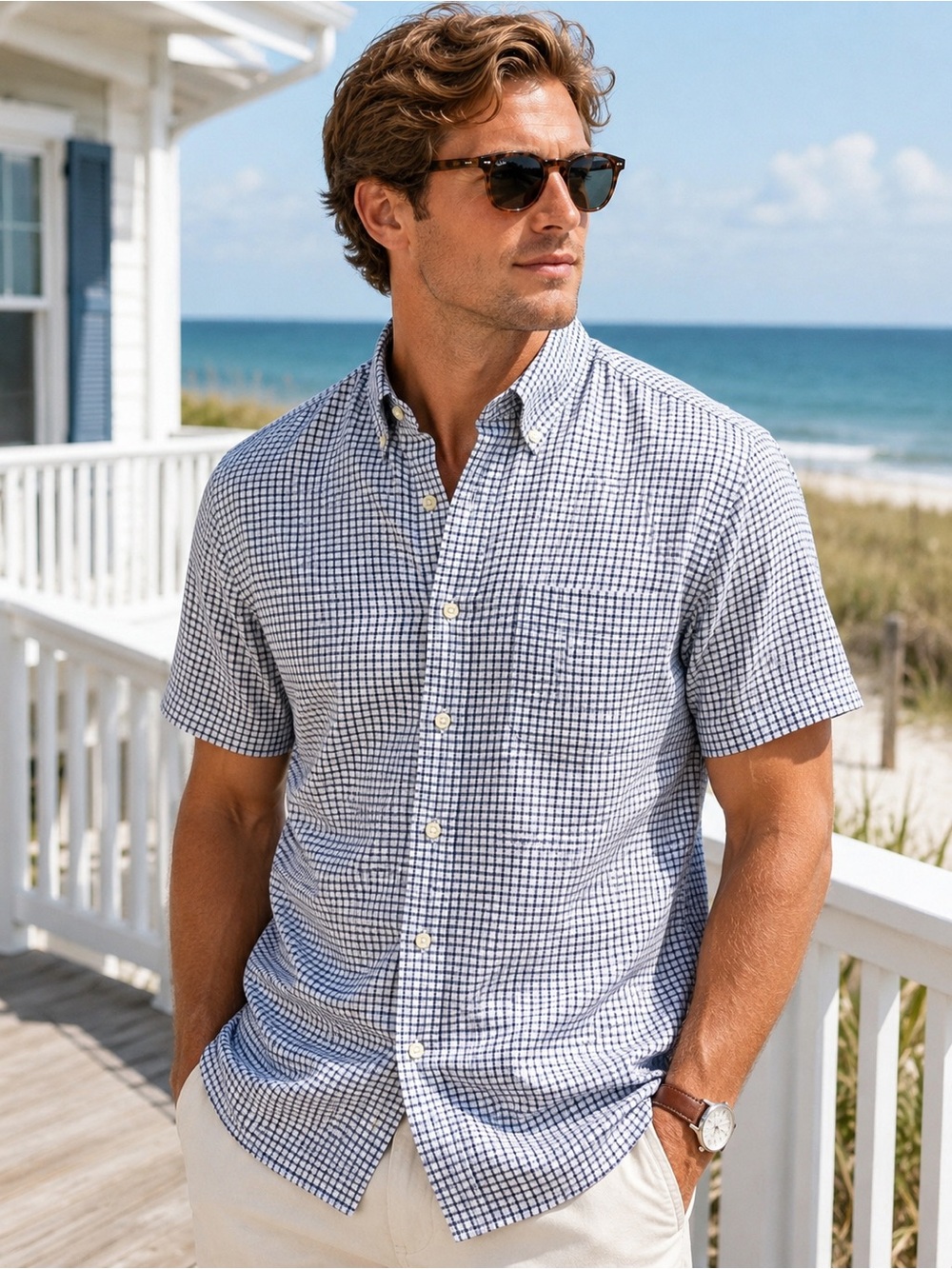 Austin Reed London Linen Cotton Check Button Down Shirt M Quiet Luxury